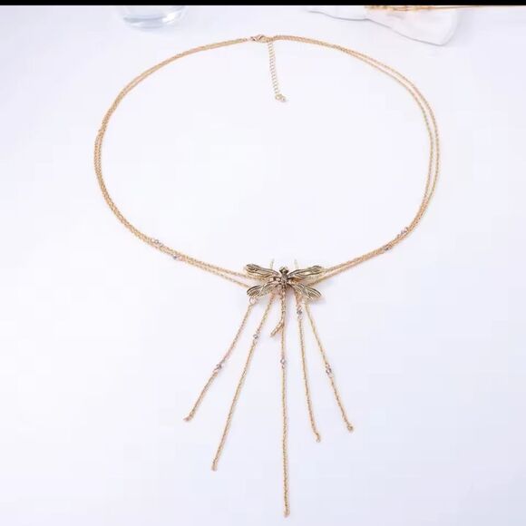 New ZARA Double Dragonfly Fringe Boho Necklace - Picture 8 of 14